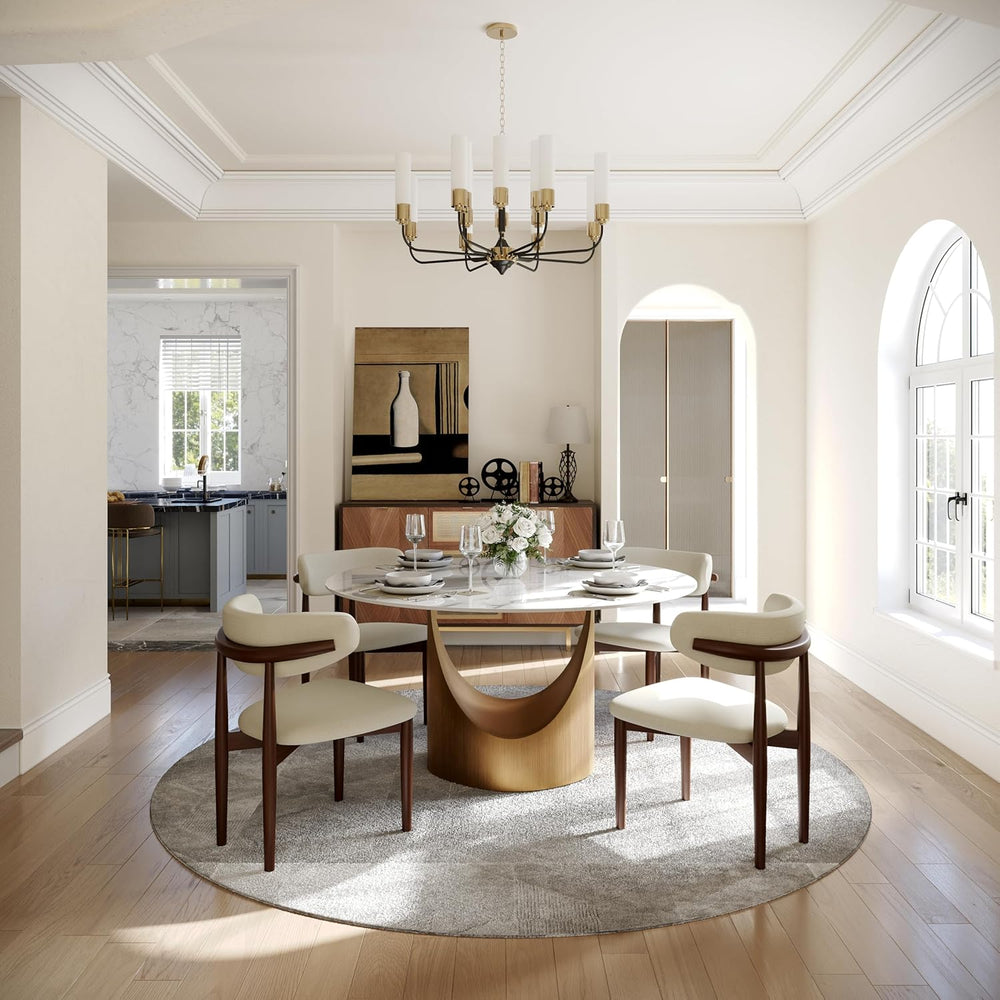 POVISON Round Dining Table for 4, 51" Glossy White Sintered Stone Top Di...