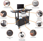 Line Leader Large AV Cart with Locking Cabinet & Drop Leaves, Rolling Height Adjustable Utility Cart with Pullout Laptop Keyboard Tray & Cord Management, Narrow Mobile Workstation (Black, 54 x 18)
