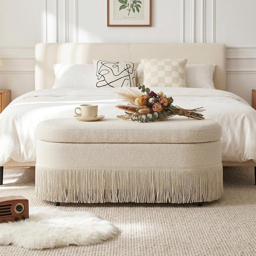 39.4“ Boho Storage Ottoman Bench with Tassels,Upholstered End of Bed Bench | ...