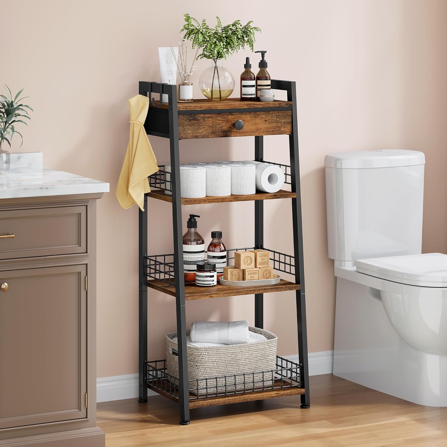 4-Tier Ladder Shelf with Drawer, Bathroom Stand Floor Storage Shelf, Freestanding Tower Table Ladder-Rustic Brown.