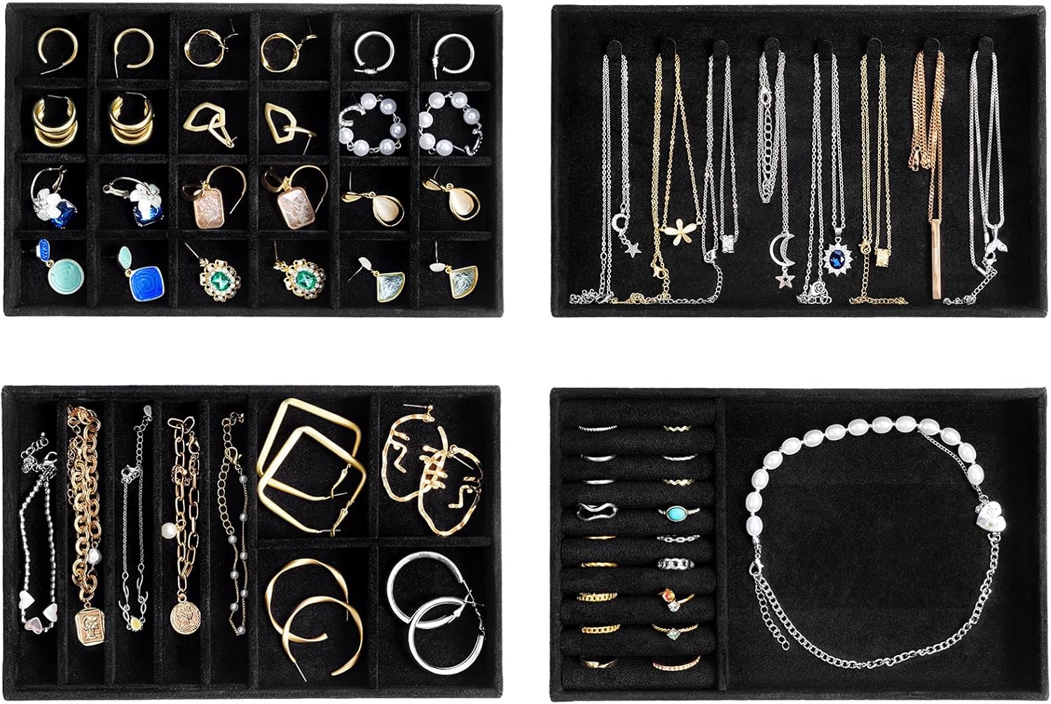 ProCase Stackable Jewelry Organizer Trays for Drawers, Jewelry Drawer Inserts Container Display Case Storage for Earring Necklace Rings Bracelet with Removable Dividers -Allblack, 4 Layers