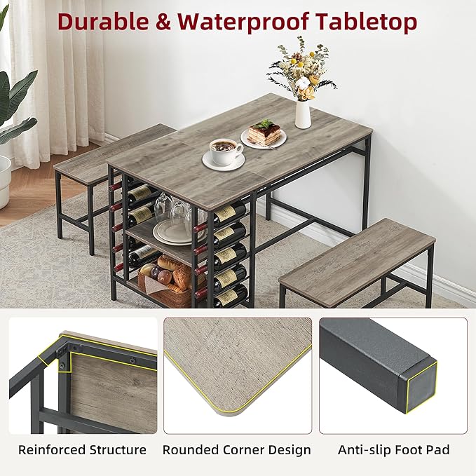 Dining Table Set for 4, Kitchen Table Set for 4 with 2 Benches, 3 Piece Dining Room Table Set for Small Space Apartment, Grey