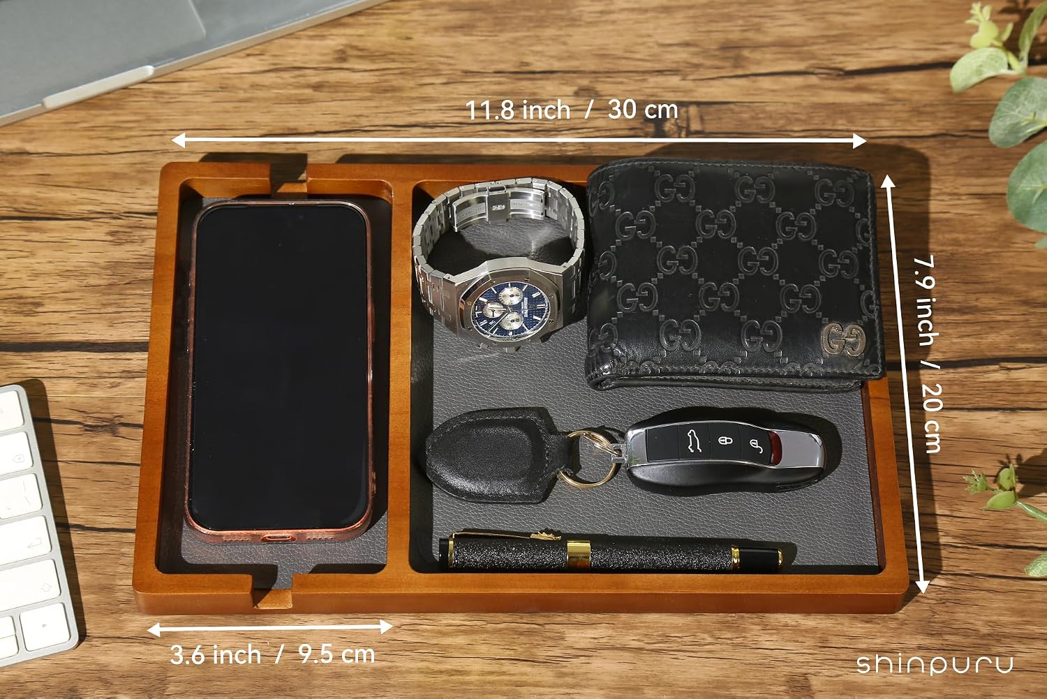 Shinpuru Wooden Valet Tray for Men, Nightstand Organizer with Leather Inlay, EDC Essentials Catchall Tray for Keys, Phone, Wallet, Watch, Earbuds - Bedside Desk Entryway Tray (Wood-Phone)