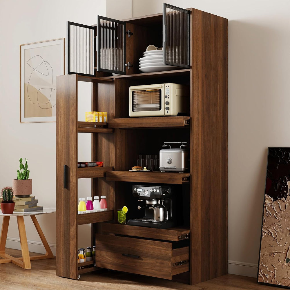 70.87" Tall Kitchen Pantry Cabinet with 4-Tier Storage Cart, 3 Glass Doo...