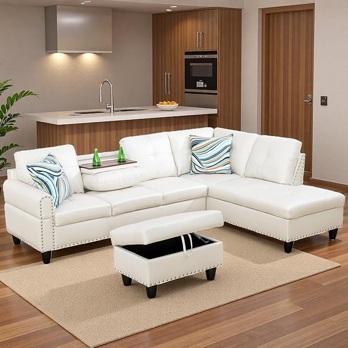 Sectional Couches for Living Room with Movable Chaise & Storage Ottoman - 97.5" Leather L Shaped Couches for Living Room Apartment, Home Modular Sectional Sofas with Cup Holder, White