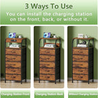 Furnulem 5 Drawers Dresser with Charging Station, Tall Night Stand with Storage Shelf, Fabric Chest of Drawers, Bedside Table for Closet, Entryway, Bedroom Furniture, 3 Ways to Use, Rustic Brown