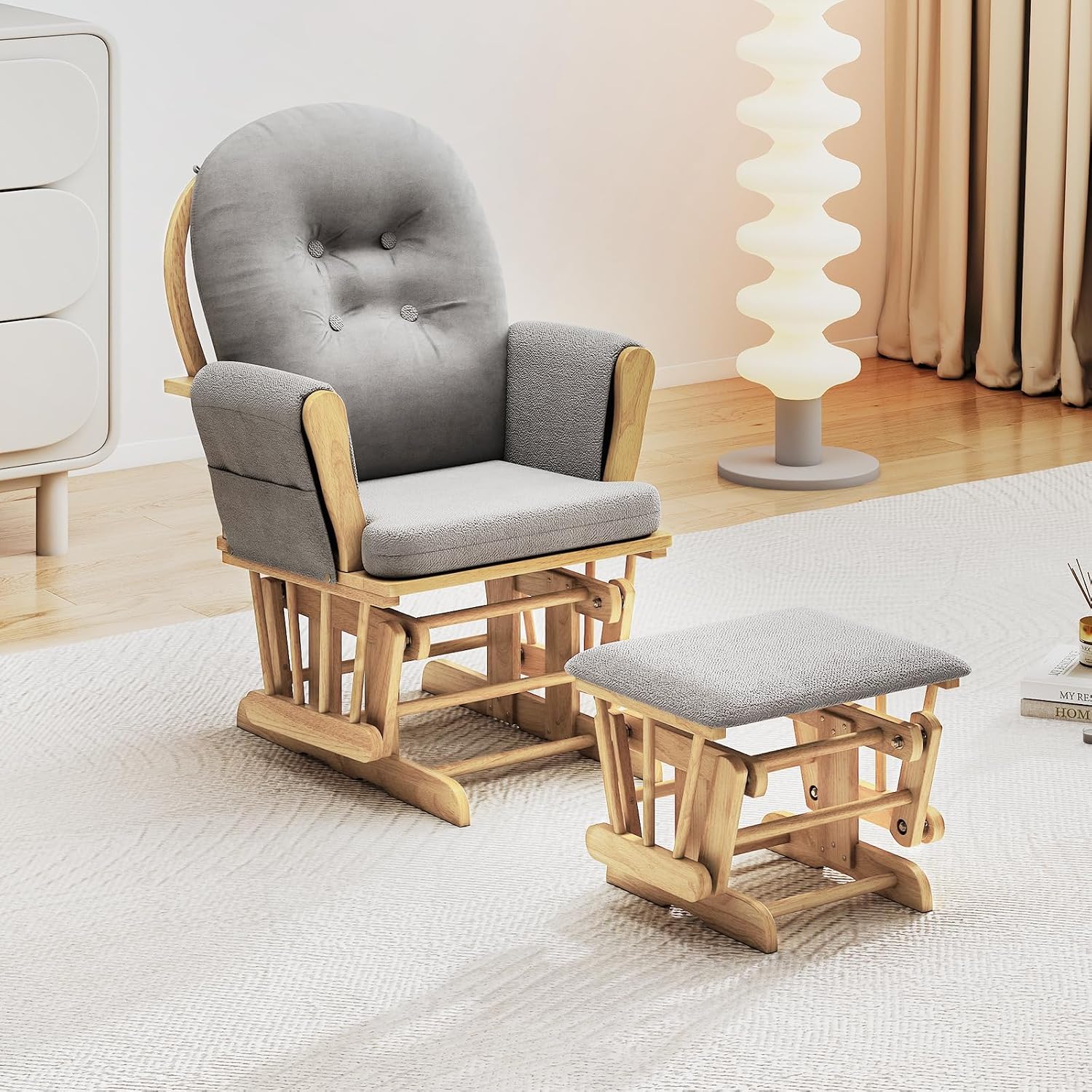 DORTALA Baby Glider Rocker with Ottoman, Multiposition Lockable Glider with Cleanable Upholstered, Smooth Rocking Motion, Nursery Glider & Ottoman Sets for Nursing Baby, Reading (Grey and Natural)