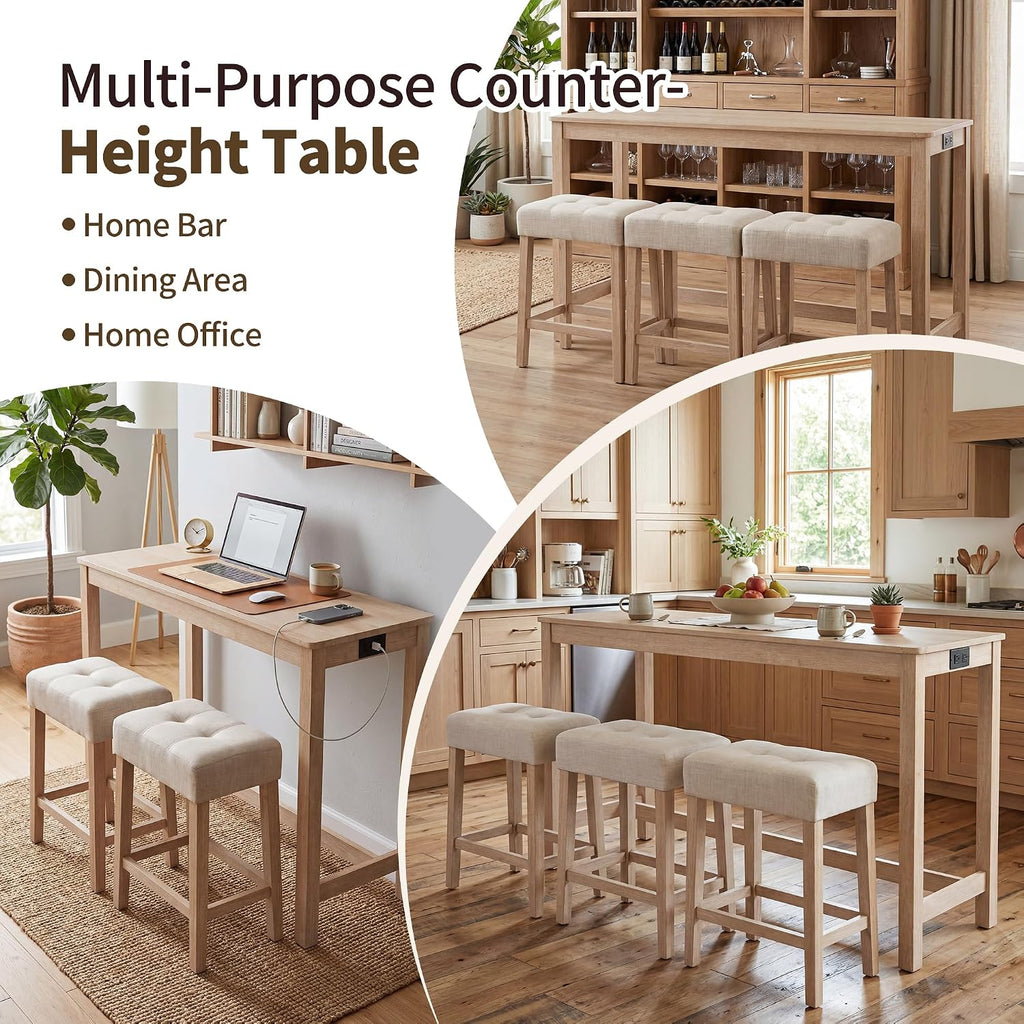 DUHOME 4 Piece Bar Table Set with Power Outlet，Dining Table Set | Industrial Breakfast Table with 3 Padded Stools Solid Wood Counter Height Bar Set for Living Room, Dining Room Natural