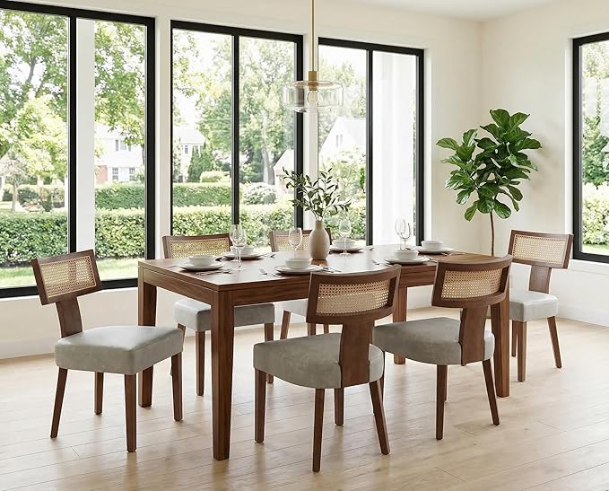 Modern Dining Chairs, Set of 4 - Rattan Back, Pu Leather Upholstered, Kitchen Chairs with Solid Wood Frame, Grey