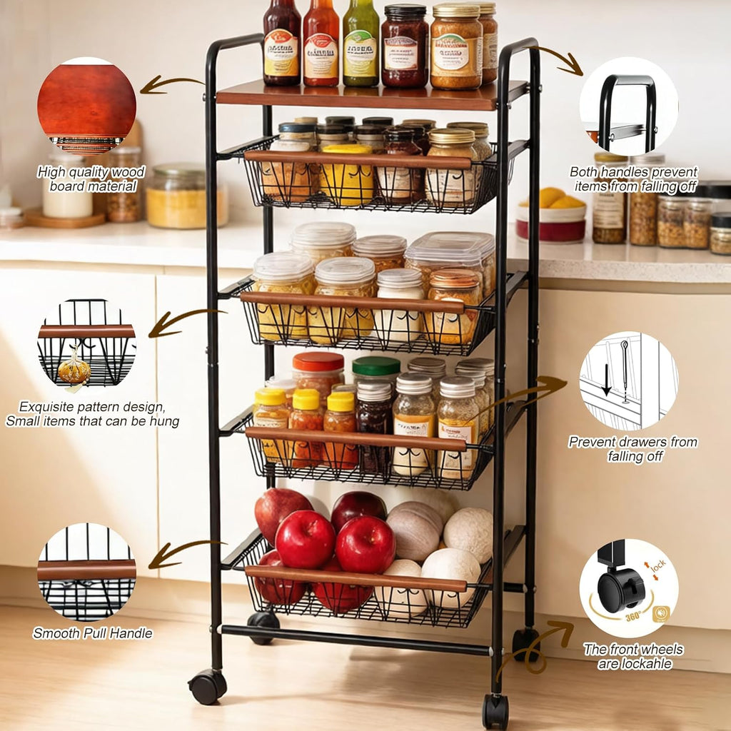SWEETBLOOM Fruit Vegetable Storage Cart for Kitchen, 5-Tier Vegetable Stand Rack with Pull-Out Fruit Baskets, Rolling Snack Cart with Wood Top for Pantry, Living Room, Bathroom