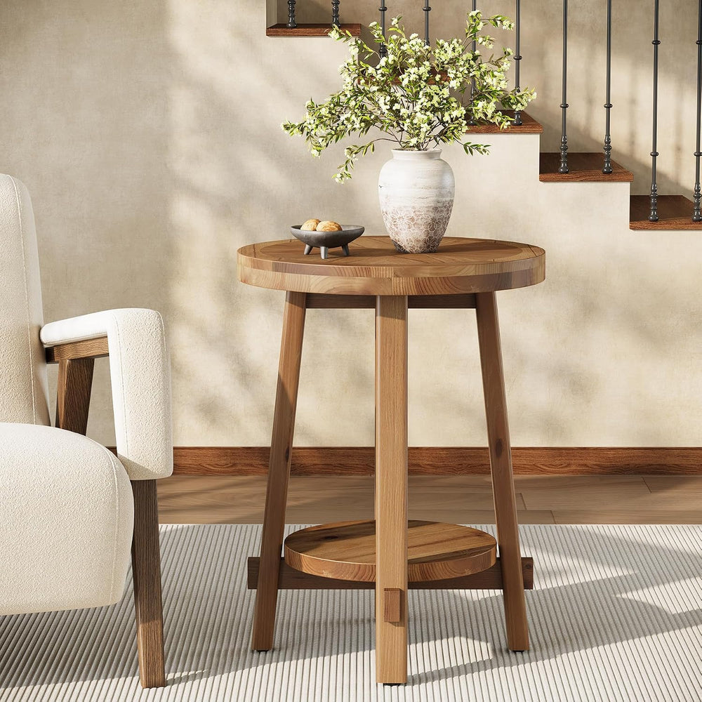 Solid Wood Side Table for Living Room, Small Round End Table with 2-Tier Stor...