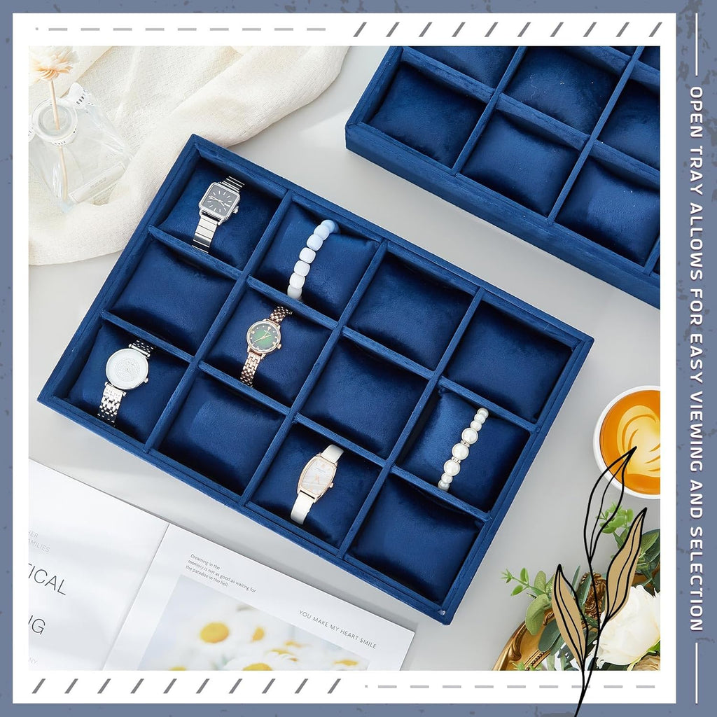 Henoyso 2 Pieces 12 Grid Velvet Watch Tray Jewelry Organizer Stackable Watch Bracelet Bangle Display Holder Adjustable Pillow(Blue)