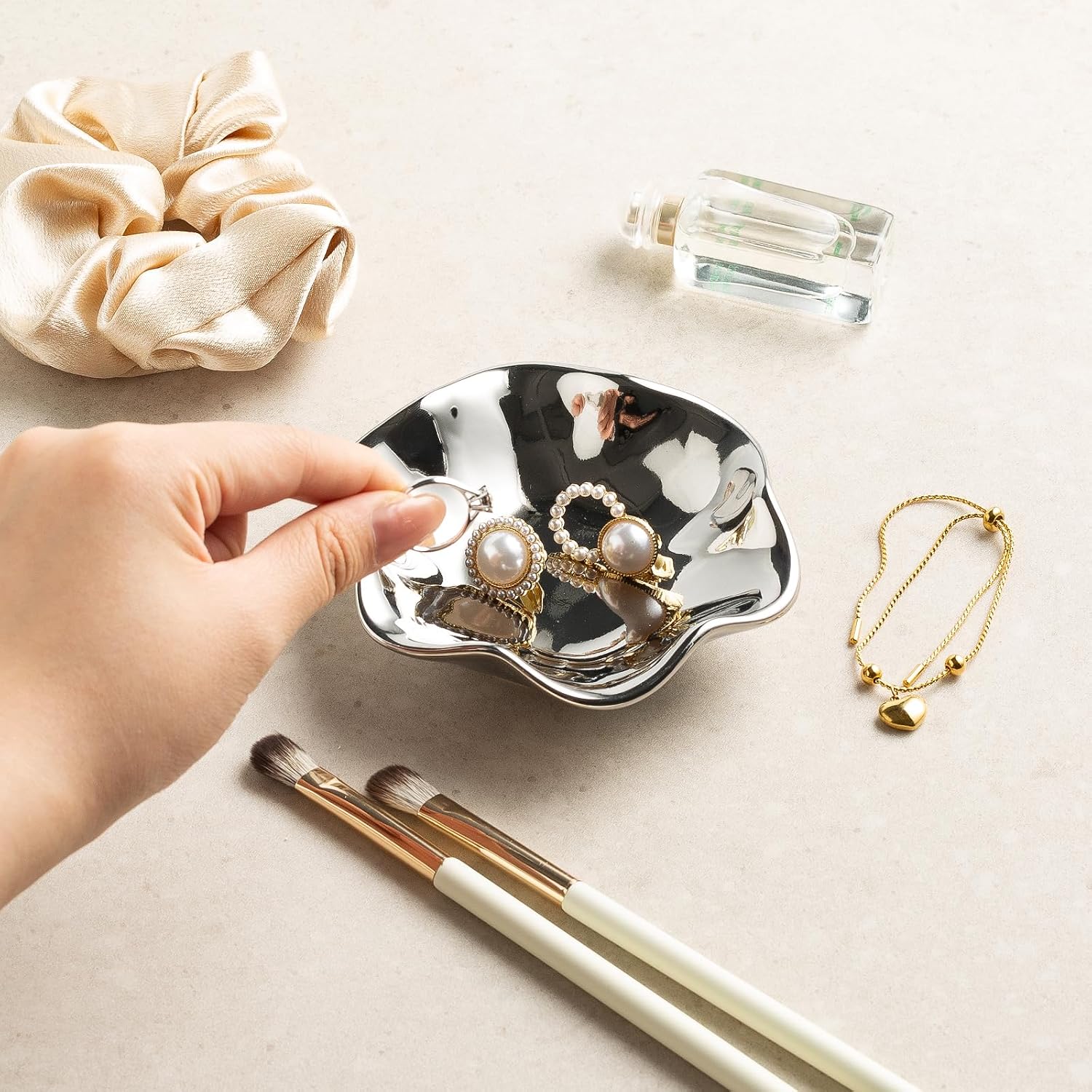 Ceramic Lotus Leaf Trinket Dish, Ring Holder for Jewelry | Keeps earrings, necklaces, keys, and keepsakes handy on vanities or nightstands, a sweet gift for moms, sisters, and friends