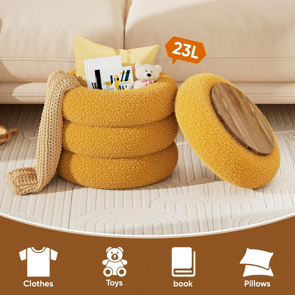 Soft Teddy Round Ottoman with Tray, 17.5 Inches Ottoman Coffee Table with Sto...
