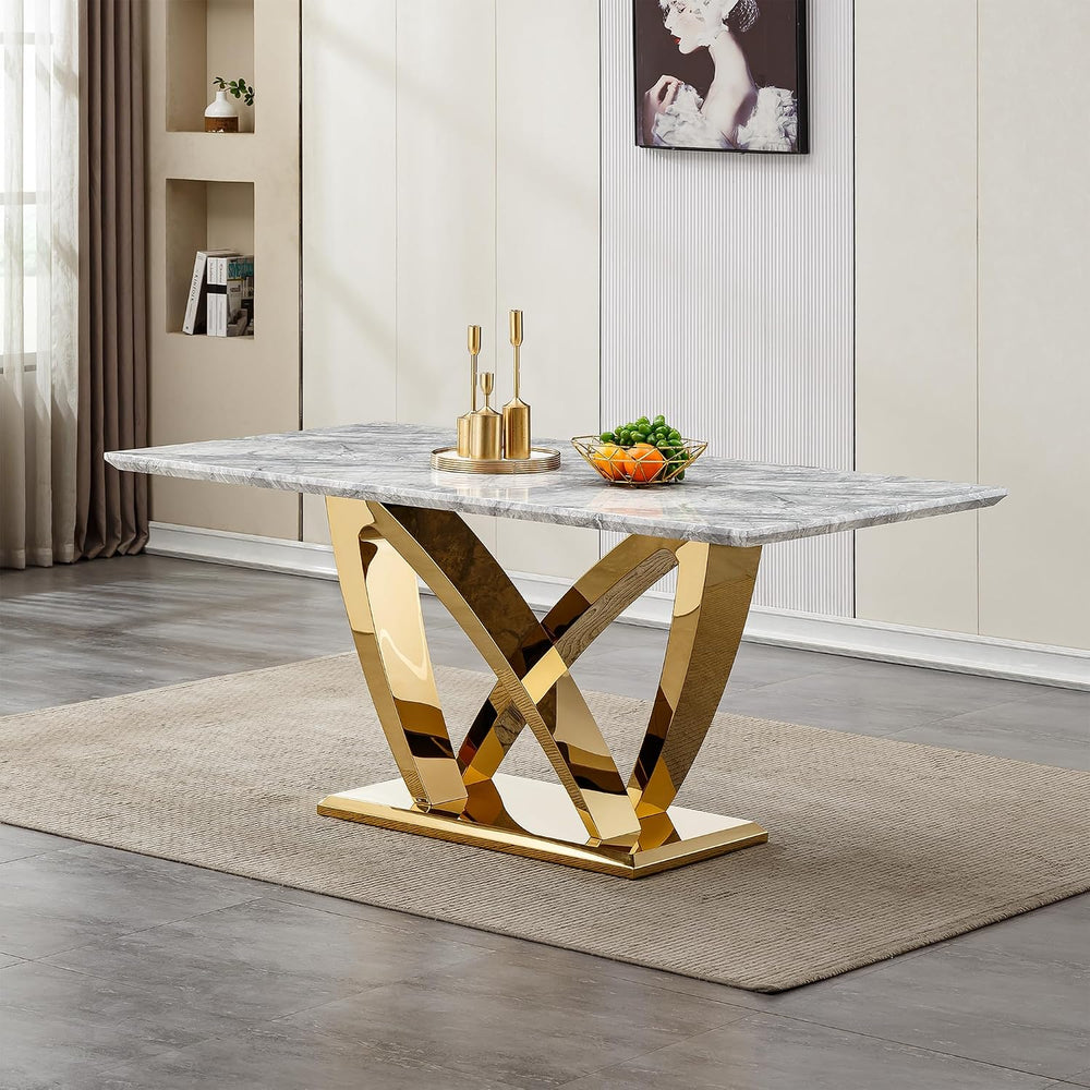 Modern Dining Table 70" Rectangular Kitchen Table with Imitation Marble ...
