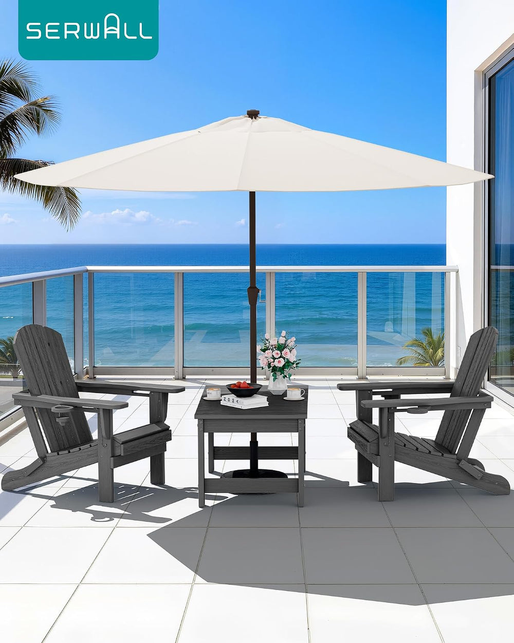 SERWALL Outdoor Coffee Table with 1.69" Umbrella Hole, HDPE Patio Coffee...