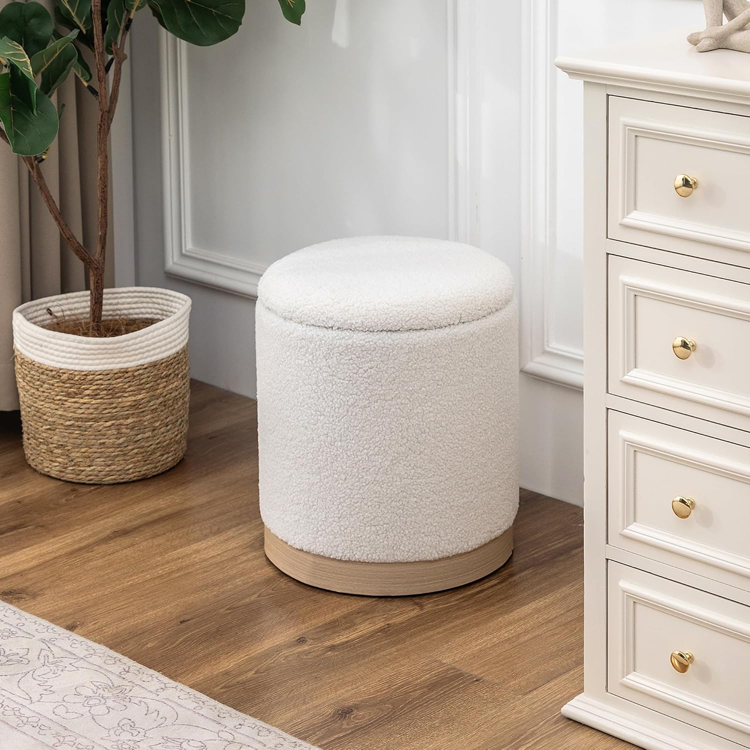 Round Storage Ottoman for Living Room, Small Velvet Vanity Stool with Light-Wood Base, White