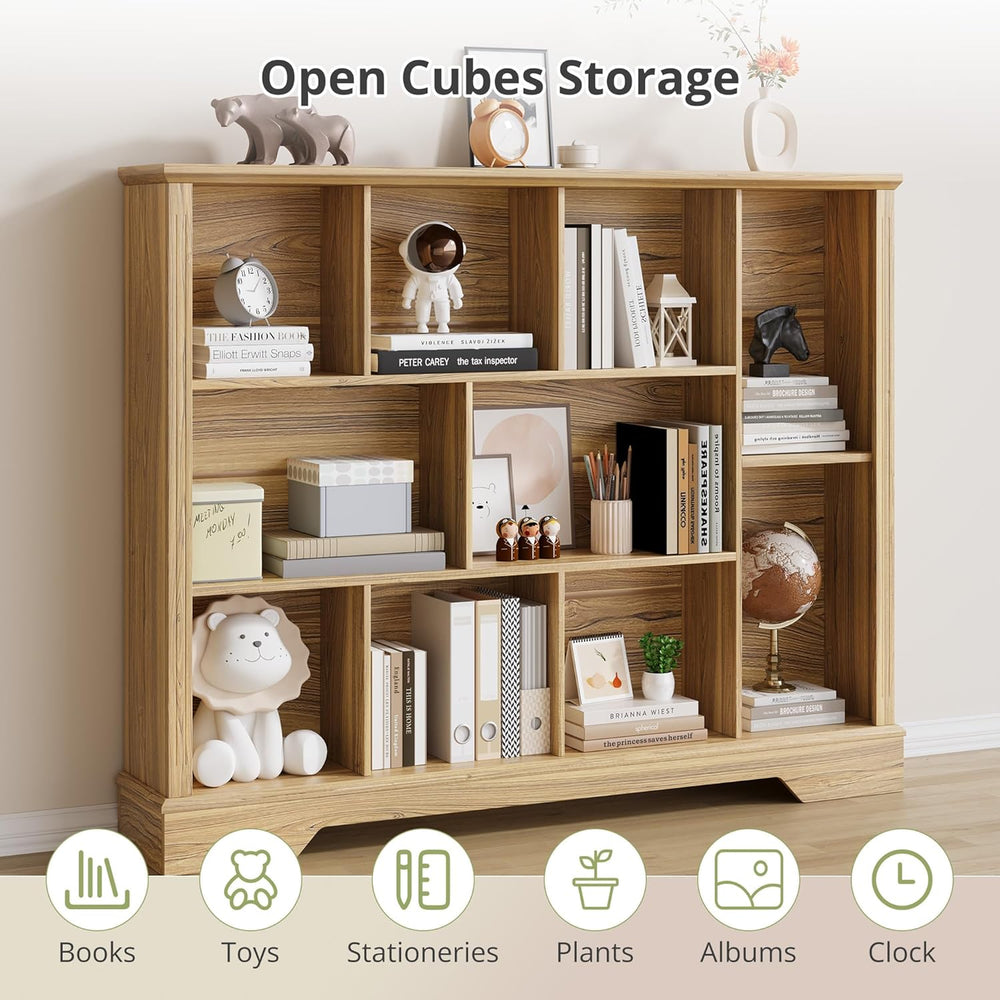 10-Cube Storage Bookcase, Modern 3-Tier Wooden Storage Organizer Open Bookshe...