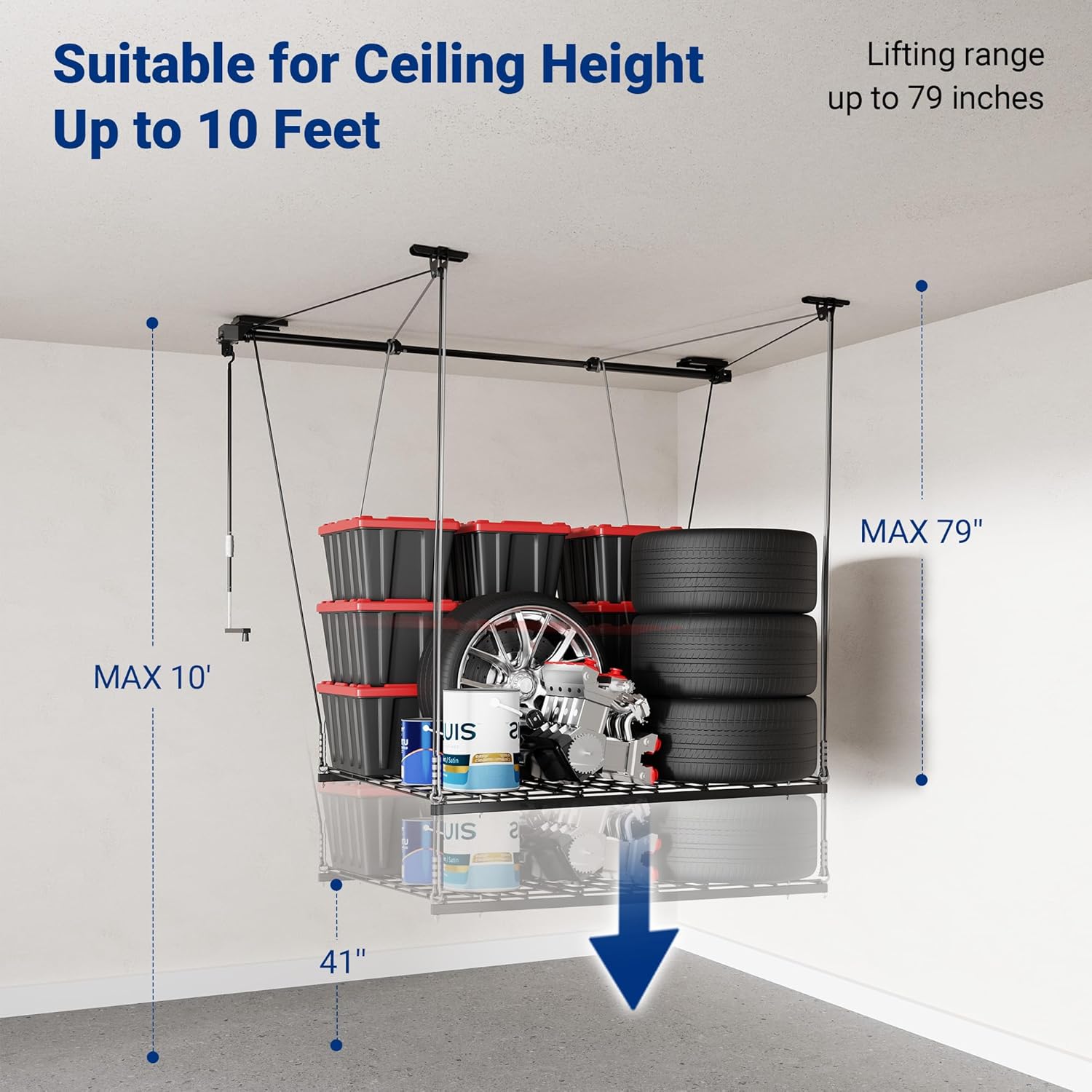 FLEXIMOUNTS GL1 Overhead Garage Lifting Storage Rack, 4x4 Ft Heavy-Duty Metal Garage Ceiling Rack, Adjustable Organization System With 71''L Axle, 350lbs Weight, Black