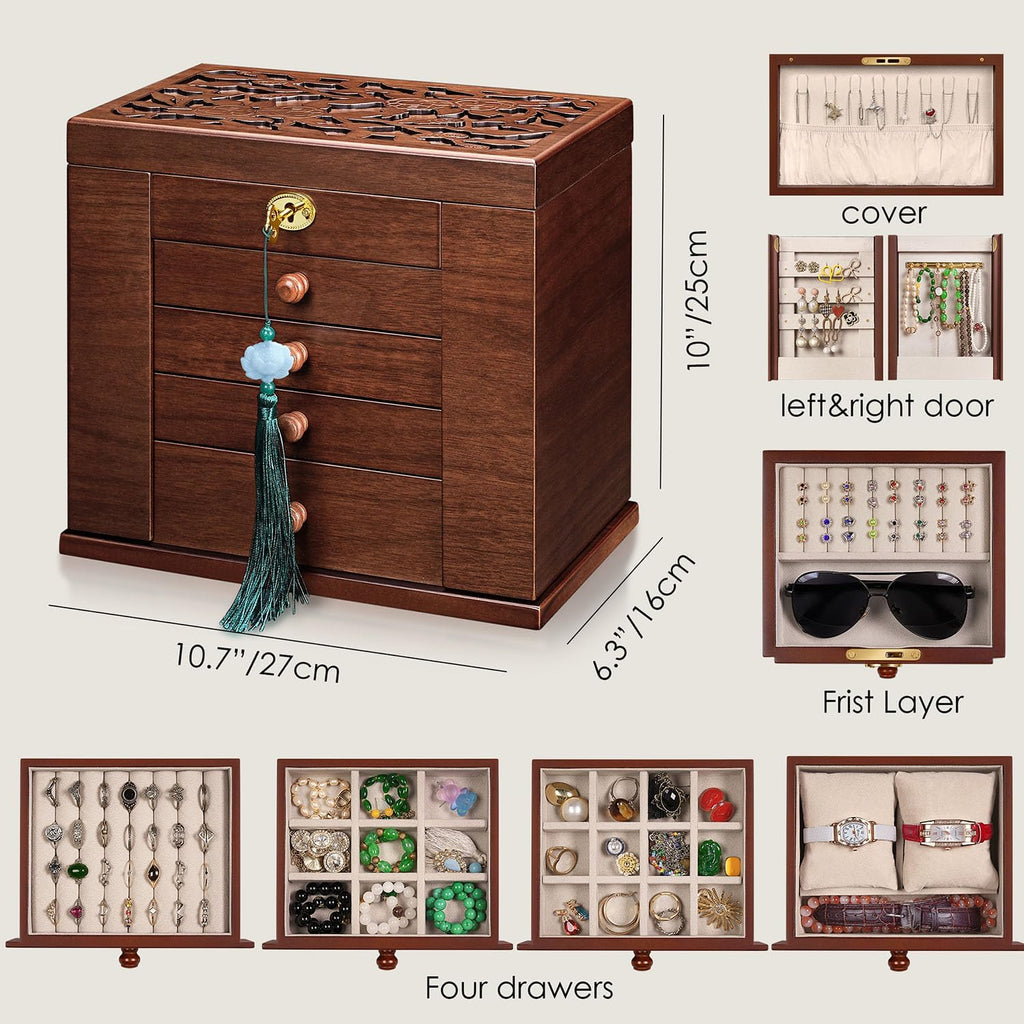 wooden Jewelry Box and Organizer - 8-Layer Lockable Wooden Jewelry Boxes for Women - Large Jewelry Boxes and Organizer with Key,Gift for Wife,dresser top jewelry box with lock