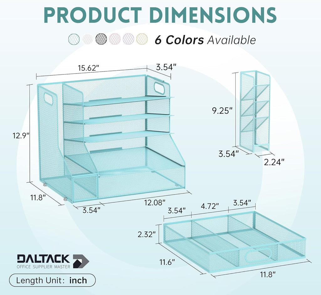 DALTACK Mesh Desk Organizer, 5-Tier Paper Letter Tray with File Holder & Pen Holder & Sliding Drawer, Desktop Organizer and Storage for Desk Accessories Office Supplies, Blue