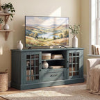 Giantex Farmhouse TV Stand for 65/70 Inch TV, Tall Entertainment Center with Storage Cabinets, Glass Doors, Drawer, Removable Shelves, Media TV Console Table for Living Room, Bedroom (Vintage Green)