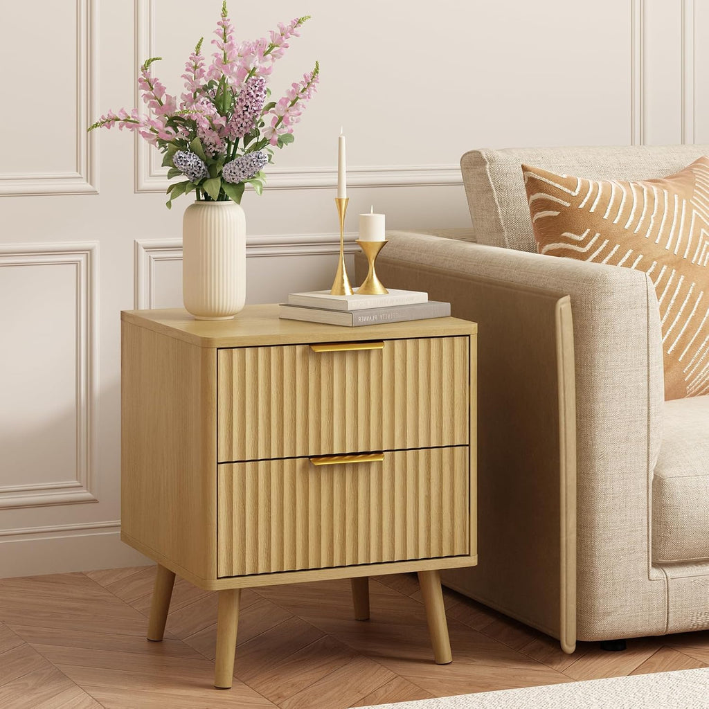 CARPETNAL Fluted Nightstand, Oak Bedside Table with 2 Drawers and Gold Handles, Wood End Table Mid Century Night Stands for Bedroom Living Room