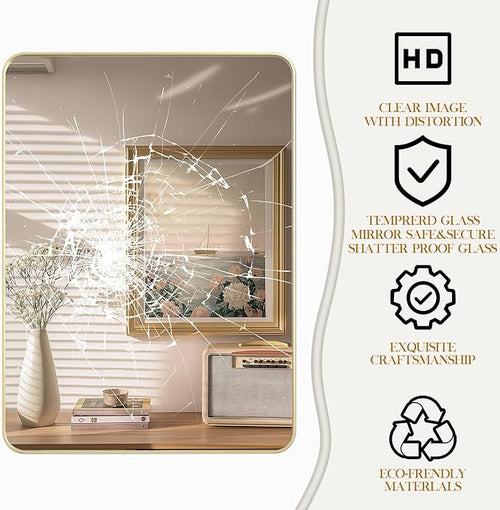 40×24 Gold Bathroom Mirror, Rectangular Bathroom Vanity Mirror for Wall with Rounded Corners & Aluminum Alloy Frame, Tempered-Glass, Modern, Farmhouse, Horizontal/Vertical, Entryway, Bedroom