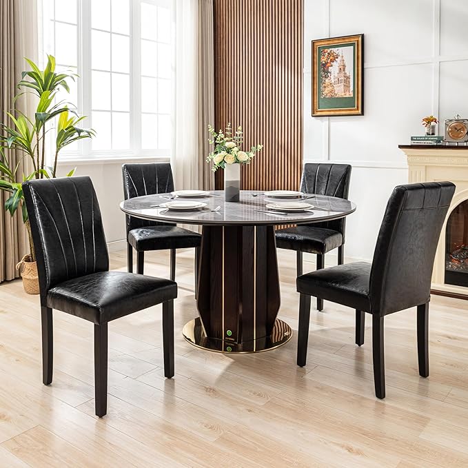 VECELO Upholstered Dining Chairs Set of 2, Modern PU Leather Dinning Room Chair with Solid Wood Legs and High Back, Parsons for Kitchen/Living Room- Black