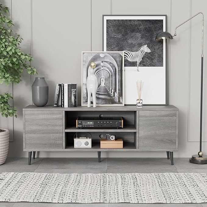 JUMMICO TV Stand for 65 Inch TV, Mid Century Modern TV Stand, Entertainment Center with Storage Cabinet and Open Shelves, TV Console Table Media Cabinet for Living Room, and Bedroom (Gray)
