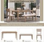 6 Pieces Dining Table Set with 60" Rectangle Kitchen Desk,Wooden Living Room Furniture W/ 4 Upholstered Chairs & 1 Bench,for Restaurant,Home Bistro,Natural Wood Wash