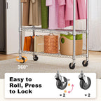 Heavy Duty Rolling Garment Rack 3 Tiers Adjustable Wire Shelving Clothes Rack with 1 Rods and Side Hooks,Storage Closet Clothing Rack with Wheels Chrome 15.7" D x 45.3" W x 75.6" H