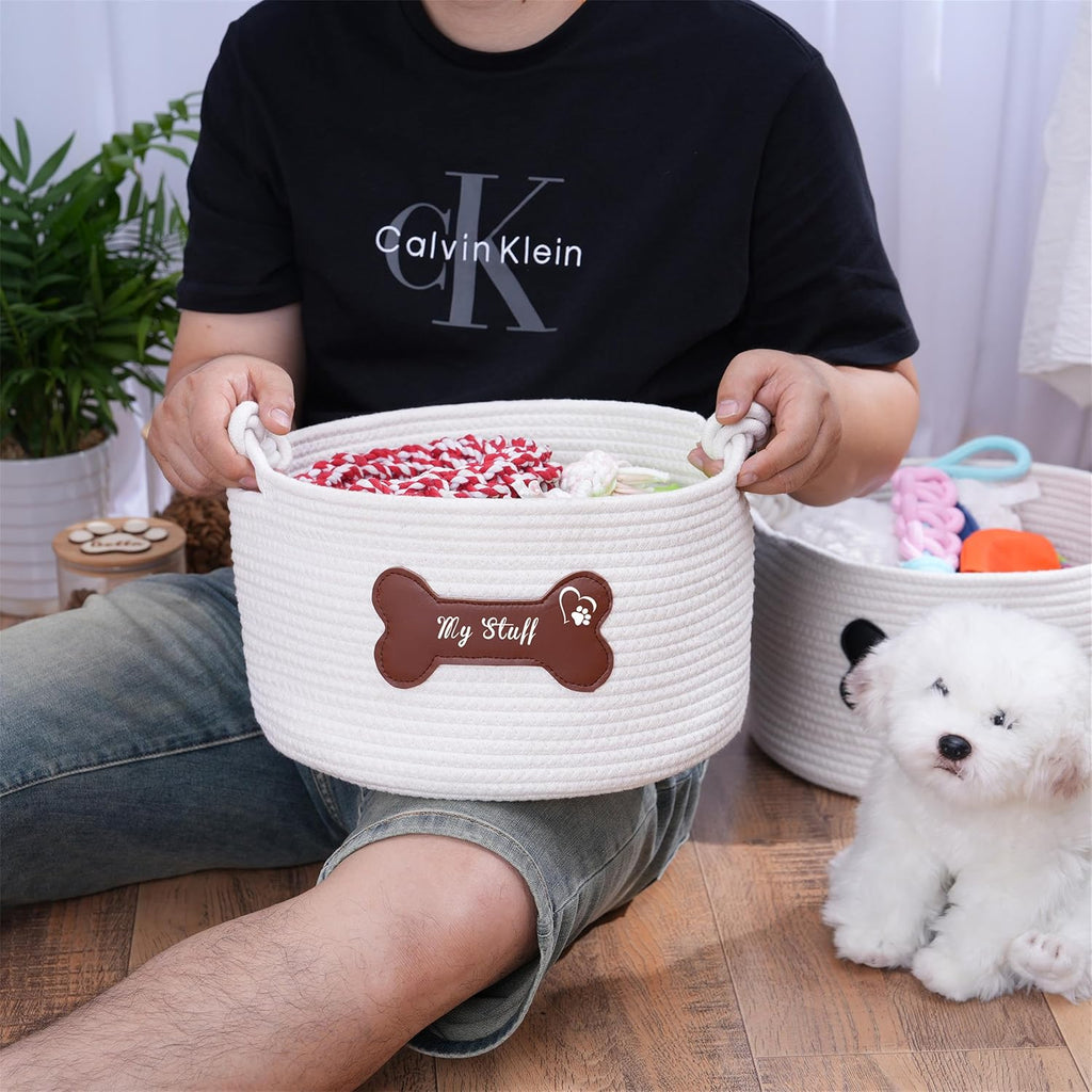 JUPPE Pet Dog Basket with Personalized Name, Dog Toys Storage Organizer Custom Cotton Rope Basket Nursery Decor (Pet Dog Basket)