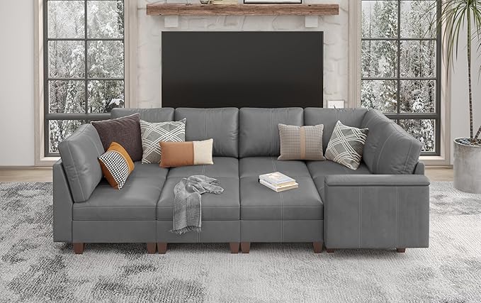 SITJOY 118" Faux Leather Modular Sectional Sofa with Storage, Mid Century Modern Sectional Couches for Living Room, 6 Seater V Shaped Couch with Chaise, Gray