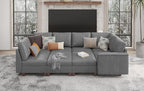 SITJOY 118" Faux Leather Modular Sectional Sofa with Storage, Mid Century Modern Sectional Couches for Living Room, 6 Seater V Shaped Couch with Chaise, Gray