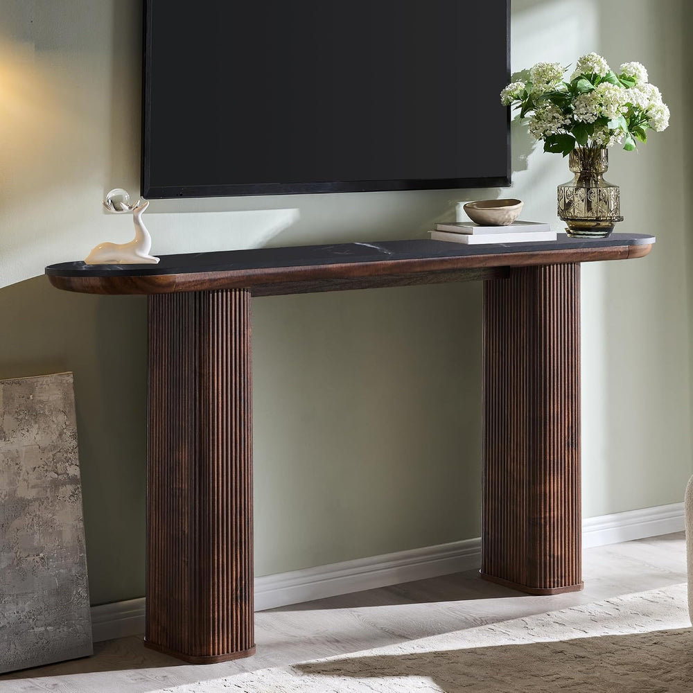 OKD 63 Inch Modern Console Table with Arc Faux Marble Texture Top, Fluted Woo...
