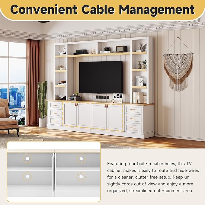 Merax 102.3 Inch Wide Farmhouse Entertainment Center, Rustic TV Stand with 6 Drawers & Adjustable Shelves, Large Media Console for TVs up to 75", Modern Bookshelves Wall Unit, White
