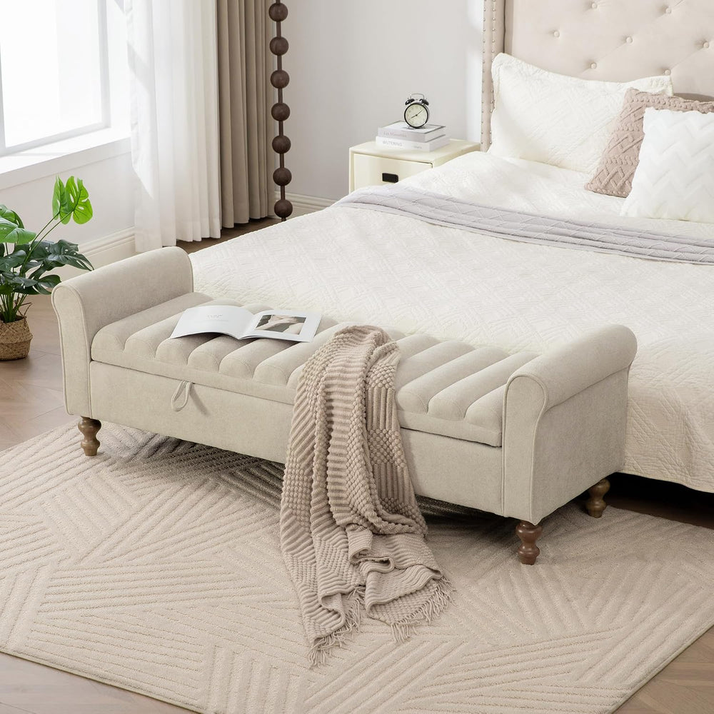 KEIKI 65.6" Modern Upholstered Storage Bench with Double Lids, Ottoman w...