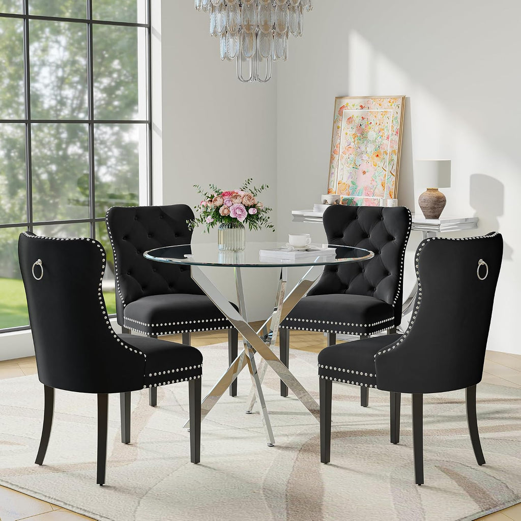 5-Piece Glass Dining Table Set for 4, Include 36" Round Tempered Glass Kitchen Table and 4 Black High Back Chairs for Dining Room, Living Room (Silver Table Legs)