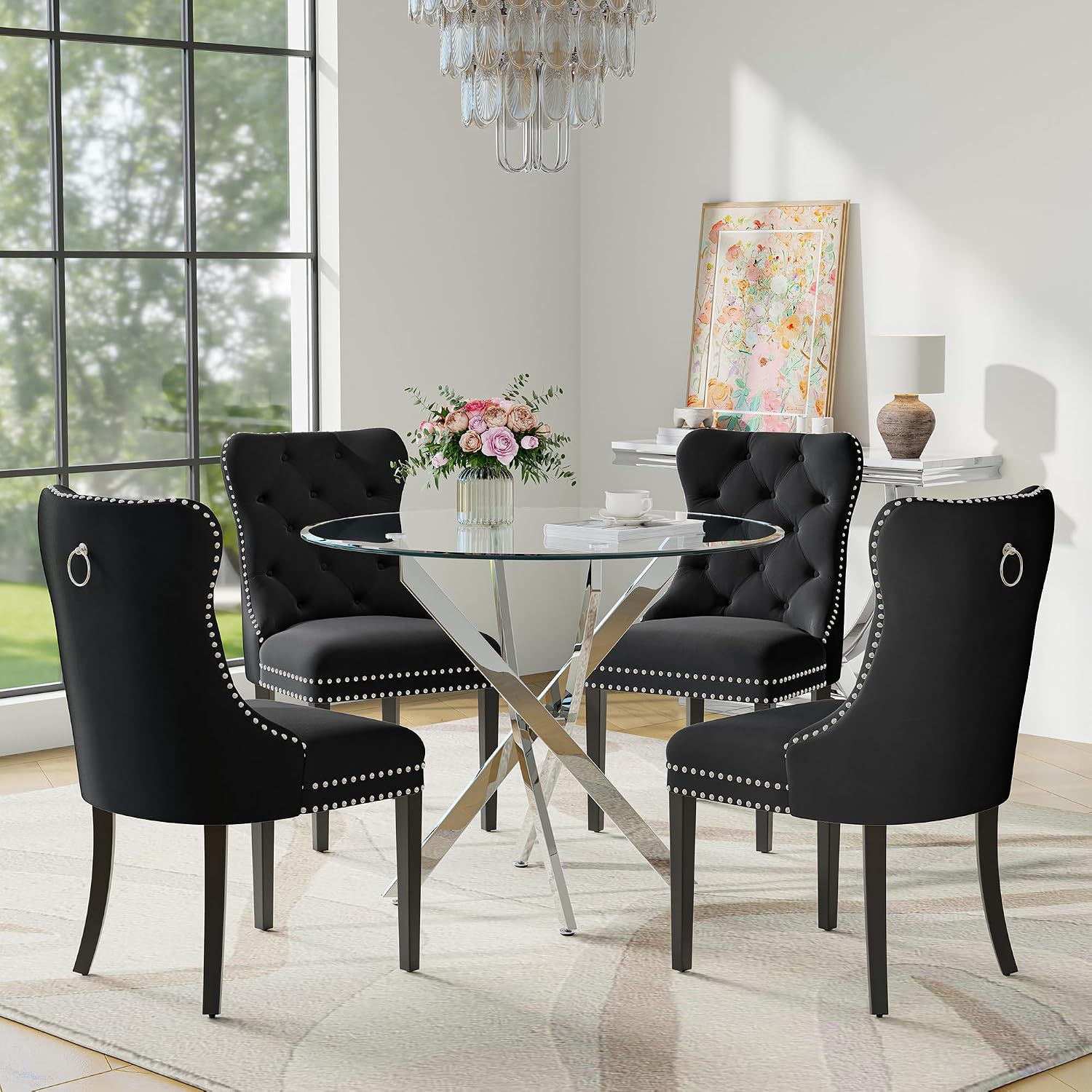 5-Piece Glass Dining Table Set for 4, Include 36" Round Tempered Glass Kitchen Table and 4 Black High Back Chairs for Dining Room, Living Room (Silver Table Legs)