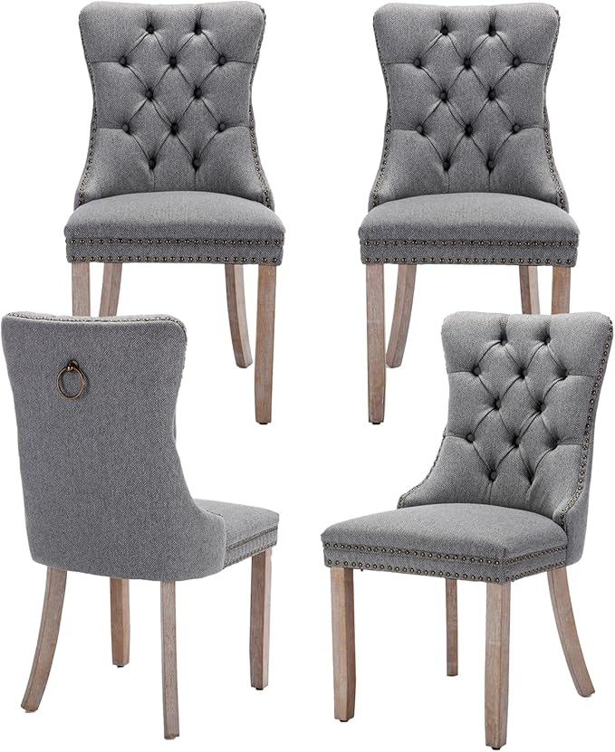 Grey Dining Chairs Set of 4, Upholstered Tufted Linen Fabric Dining Room Chairs with High Back, Nailhead Trim and Solid Wood Legs, Modern Dining Chair for Dining Room, Kitchen(Grey)