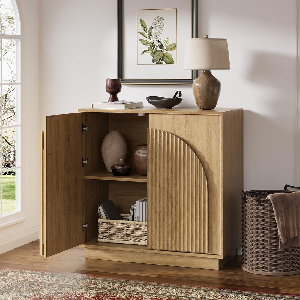 win2win 31.5" Small Buffet Cabinet with Storage, Arched Doors, Oak, 1PCS