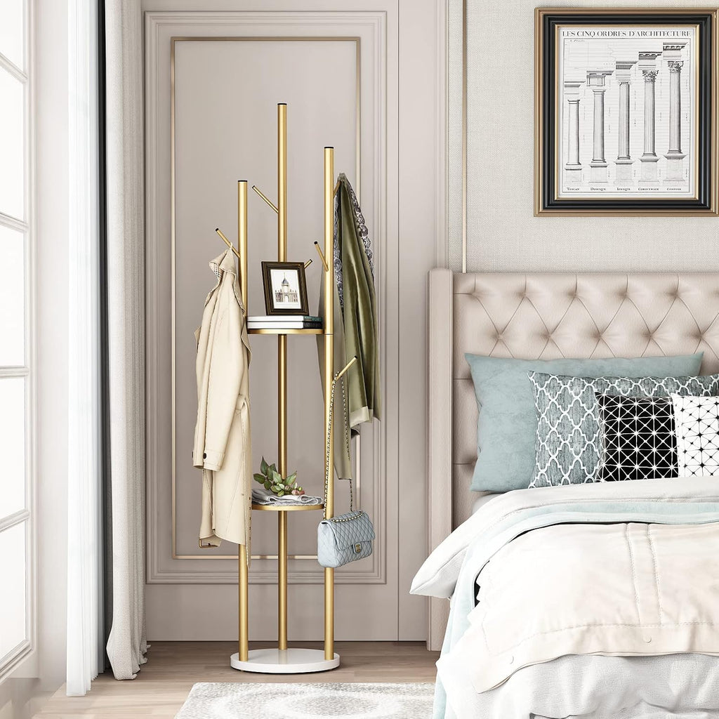 DOORXIFO Metal Gold Coat Racks Freestanding, Coat Hanger Stand, Hall Tree Rack for Hanging Hats, Scarves, Bags, Modern Coat Rack with Double Shelves, Corner Coat Rack, 9 Hooks, Gold