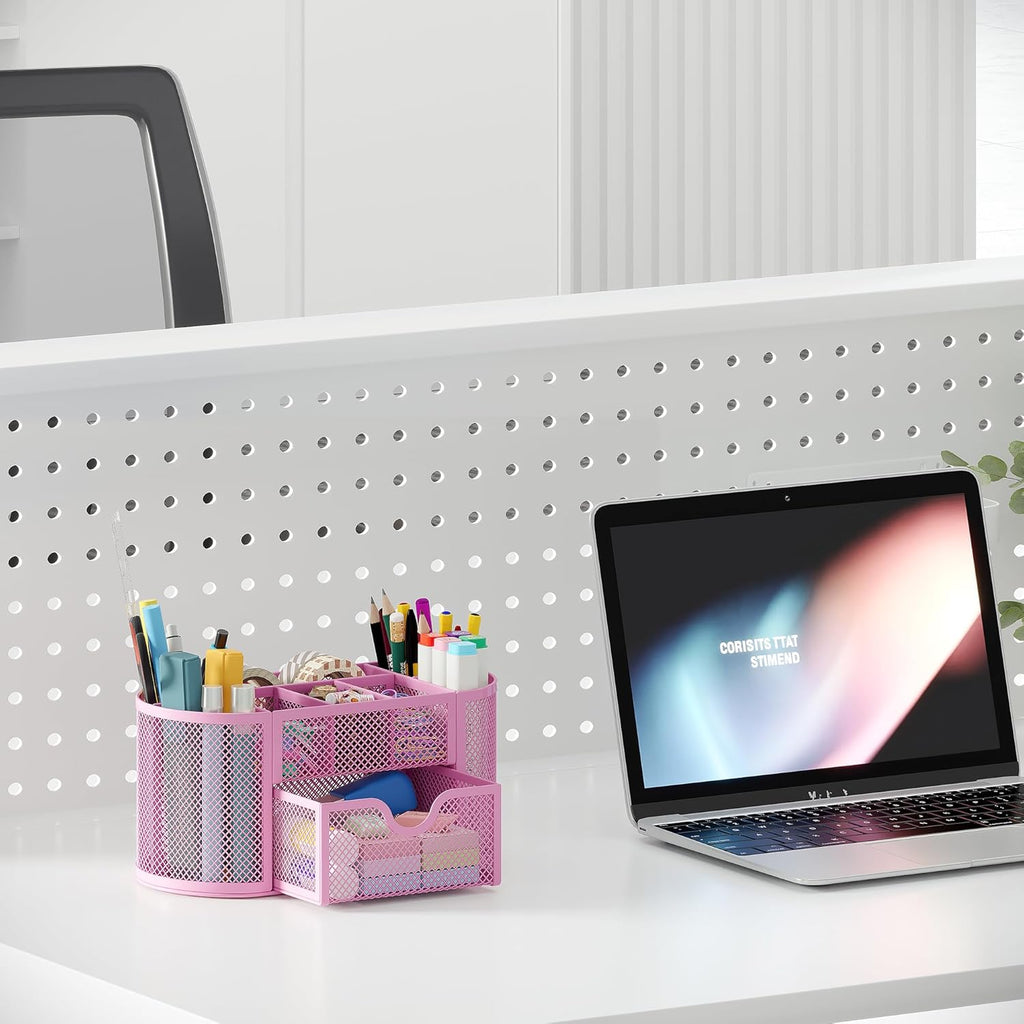 EasyPAG Mesh Pen Holder Desk Organizer with Drawer Stationery Supplies Organizer for Dorm School 9 Compartments Workspace Desk Accessories Organization for Office, Light Pink