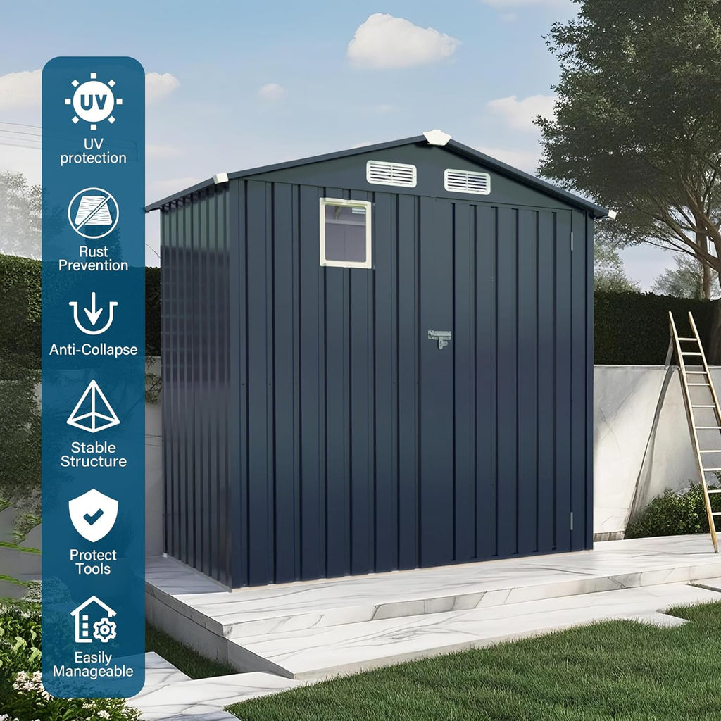 Metal Storage Shed, 6X3.6 FT Lockable Outdoor Tool Shed with Air Vent and Clear Windows, Galvanized Steel Garden Shed for Backyard, Patio, Garden, Bike Storage or Outdoor Use, Grey
