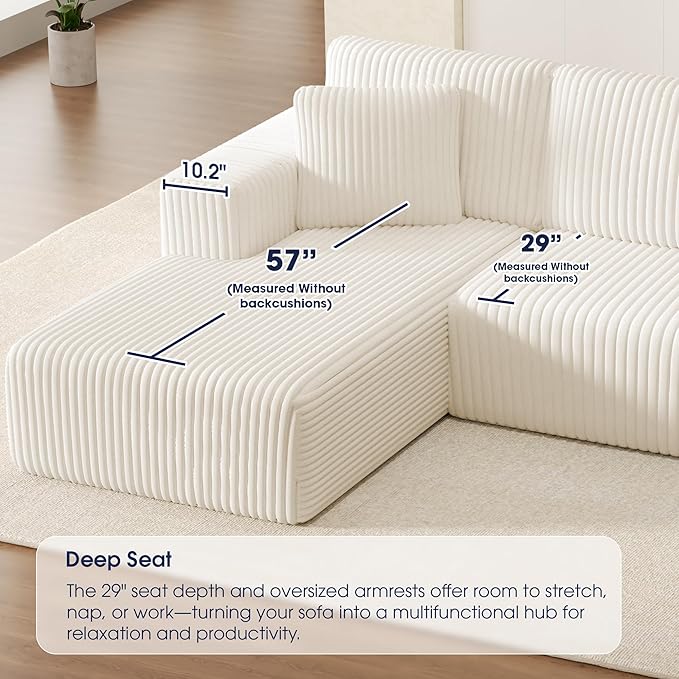 KINGYES 107'' Modular Sectional Sofa, L Shaped Cloud Couch for Living Room, Modern Plush Corduroy Boneless Sofa with Chaise for Bedroom, Beige
