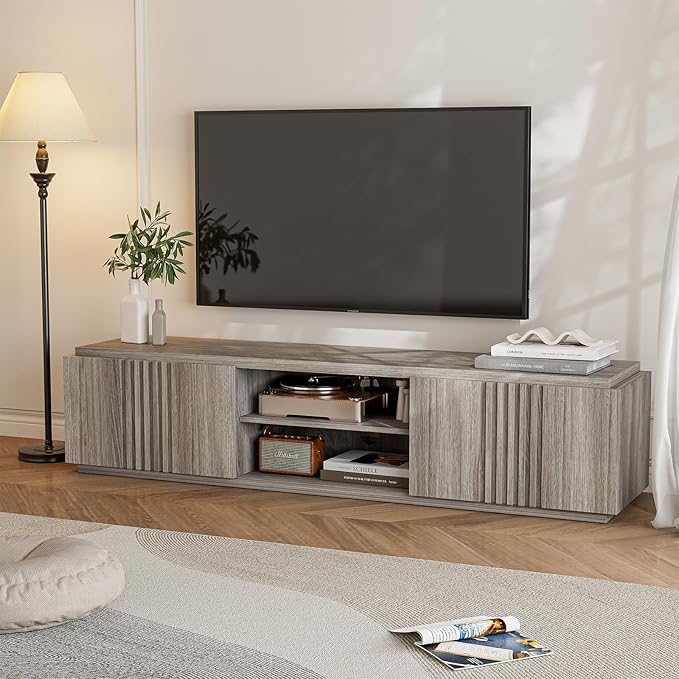 BELLEZE 70" Fluted TV Stand for TVs up to 75", Media Entertainment Center Console Table with Oversize Drawers and 2-Tier Open Shelves, Wood Storage Cabinet for Living Room, 15"D x 70"W x 16"H-(Gray)