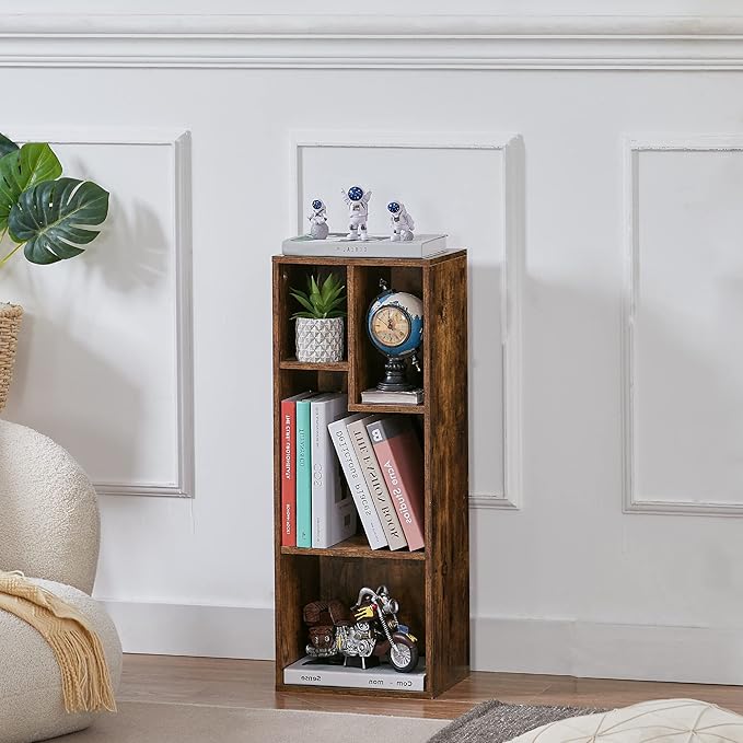 VECELO Small Bookshelf, 4 Cube Slim Bookcase, Fits Tallest Hardcovers, Horizontal Available, Modern Floor Standing Unit, Each Shelf Hold Up to 66 LBS, Vintage Brown