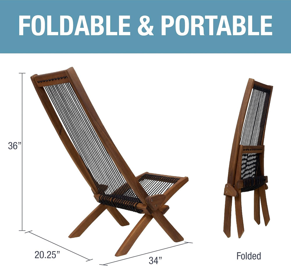 CleverMade Tamarack Folding Rope Chair - Foldable Outdoor Low Profile Wood Lo...
