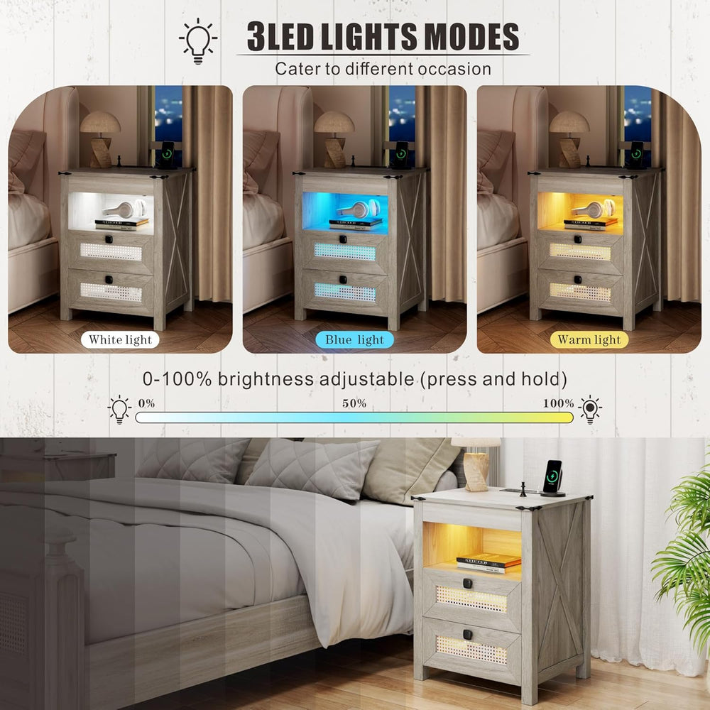Night Stand with Gun Drawer, Bedside Table with Charger Station & LED Hum...